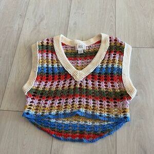BDG Leigh Cropped Sweater Vest • Multi Color / Rainbow • Striped Crochet size xs
